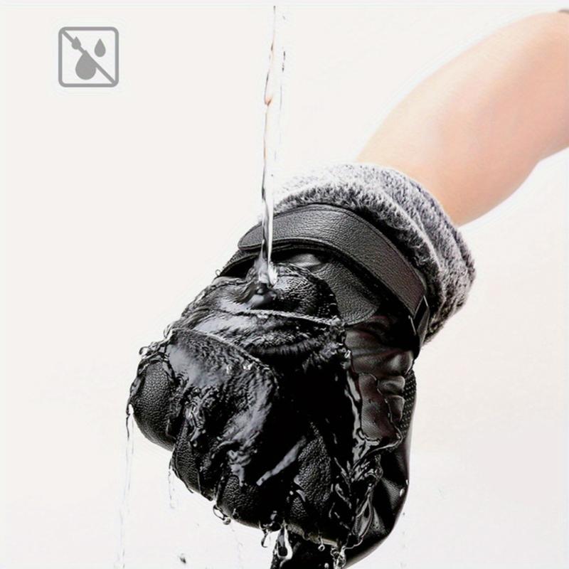 Unisex Carrken Fashionable Faux Leather Gloves-Winter Warm Full Finger Gloves, Lined with Wool, Touch Screen Compatible, Windproof, Thick Warm, Non-Textile Woven, Solid Color-Hand Wash Or Dry Cleaning