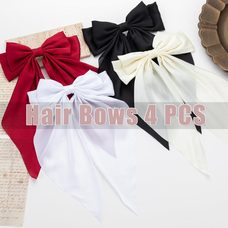 Hair Bows 4 count, Hair Bows for Women, Hair Ribbons, Oversized Long-tail Cute Aesthetic Hair Accessories, Large Hair Barrettes for Women, Bows for Girls (Wine red, white, black, white)