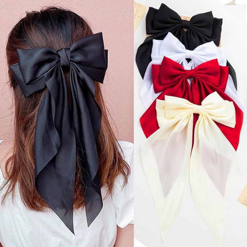 Hair Bows 4 count, Hair Bows for Women, Hair Ribbons, Oversized Long-tail Cute Aesthetic Hair Accessories, Large Hair Barrettes for Women, Bows for Girls (Wine red, white, black, white)