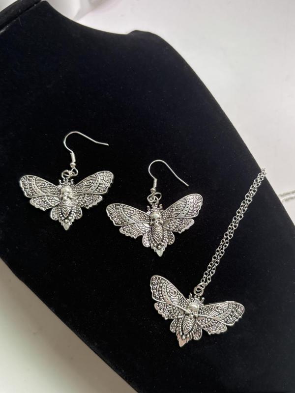 Women's Cute Insect Moth Design Jewelry Set, Fashion Necklace & Dangle Earrings for Party, Daily Decor, Trendy Gothic Retro Style Jewelry for Birthday Gift