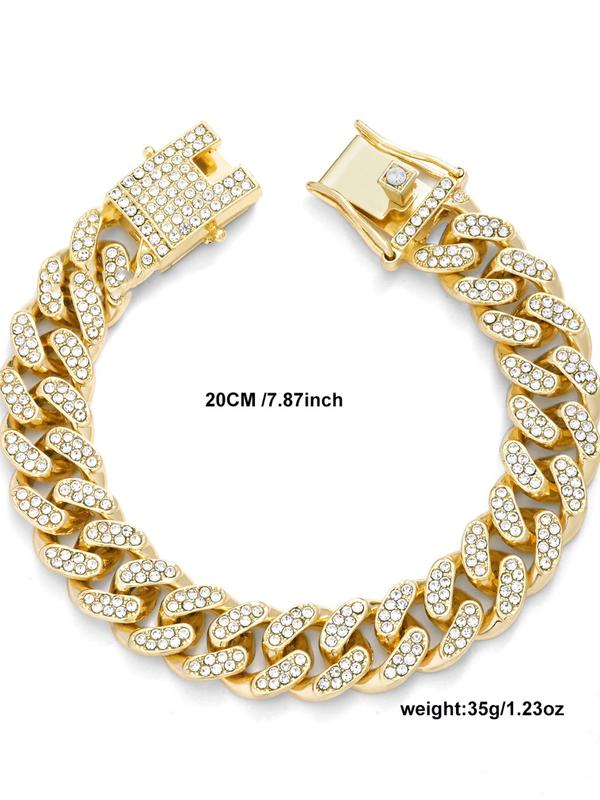 Punk Rhinestone Decor Cuban Link Chain Necklace & Bracelet, Fashion Street Style Jewelry Set for Party, Daily Decor, Trendy Exquisite Hip Hop Jewelry Set for Gift