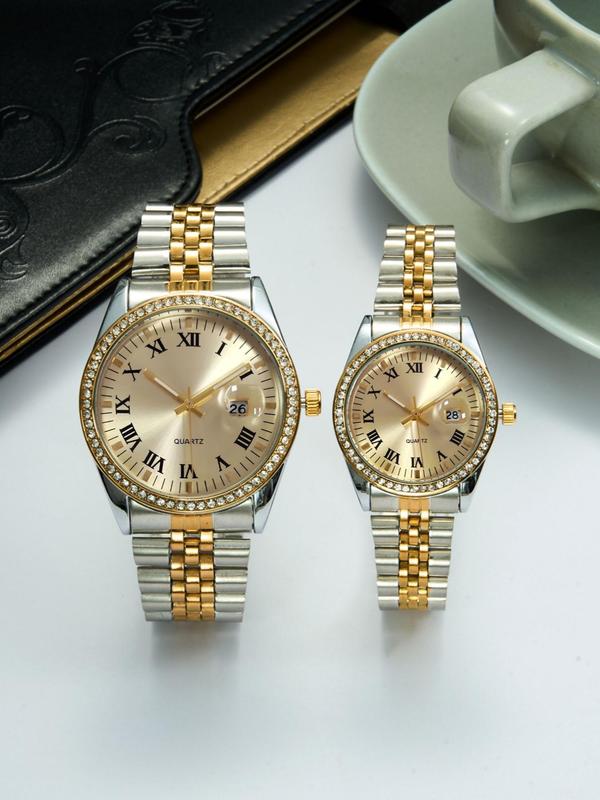 Couple Watch Set, Fashion Rhinestone Decorated Analog Quartz Watch for Women & Men, Trendy All-match & Exquisite Watch Set for Birthday Gift, with Box