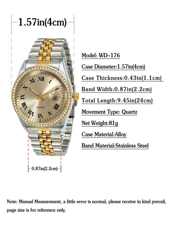 Couple Watch Set, Fashion Rhinestone Decorated Analog Quartz Watch for Women & Men, Trendy All-match & Exquisite Watch Set for Birthday Gift, with Box