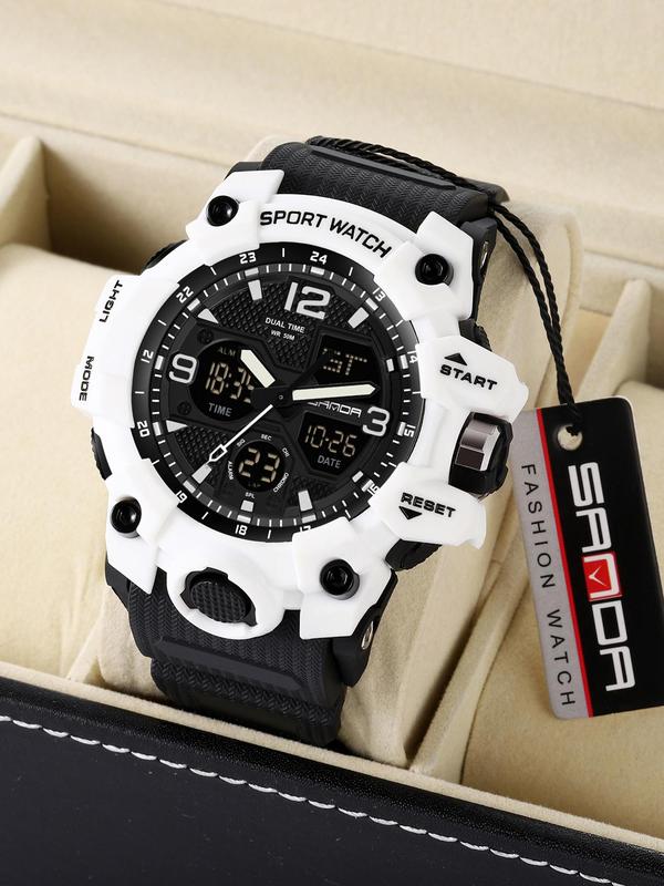 Men's Sportive Digital Analog Quartz Watch, Fashion Watch with Luminous Dial & Alarm Clock & Calendar Function, Trendy Waterproof Watch As Gift with Box