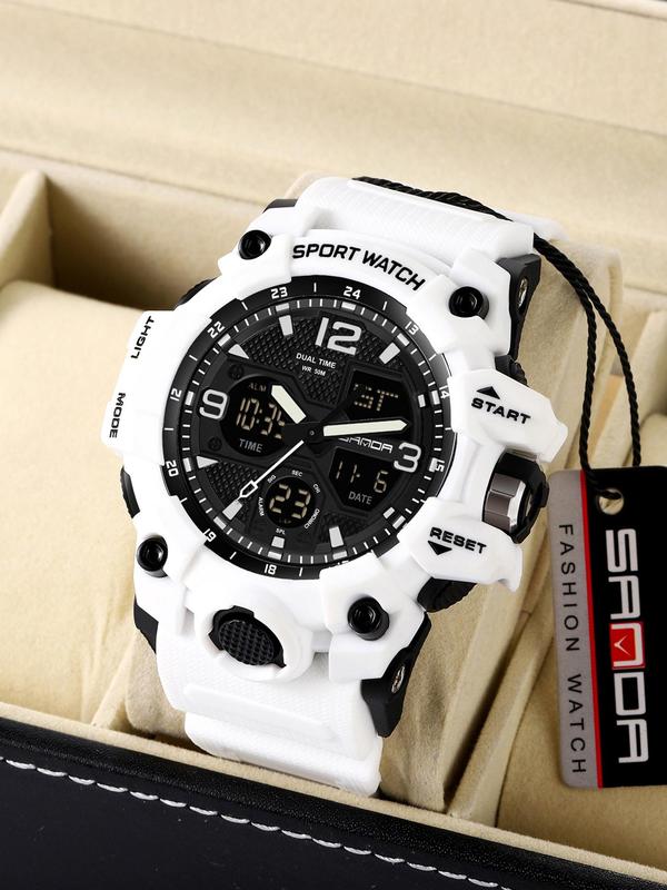 Men's Sportive Digital Analog Quartz Watch, Fashion Watch with Luminous Dial & Alarm Clock & Calendar Function, Trendy Waterproof Watch As Gift with Box