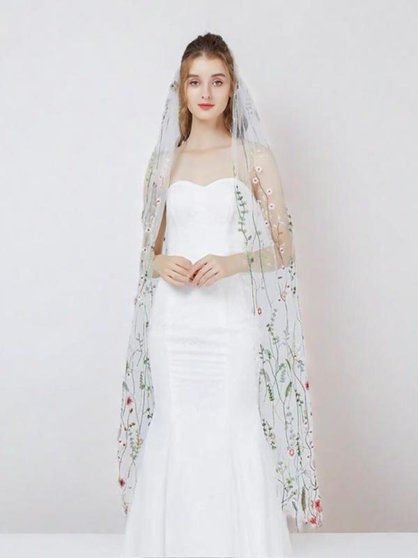 Floral Embroidered Contrast Mesh Veil, Flower Decor Long Veil for Wedding, Bridal Party, Formal Occasions, Fashion Accessories for Women & Girls