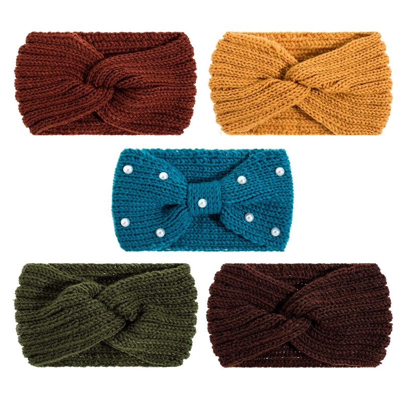 5 count Winter Knit Headbands Chunky Knit Headbands,4 Elastic Turban Head Wraps and 1 Crochet Hair Band, Ear Warmer Crochet Head Wraps for Women Girls (Pink & Gray Colors)