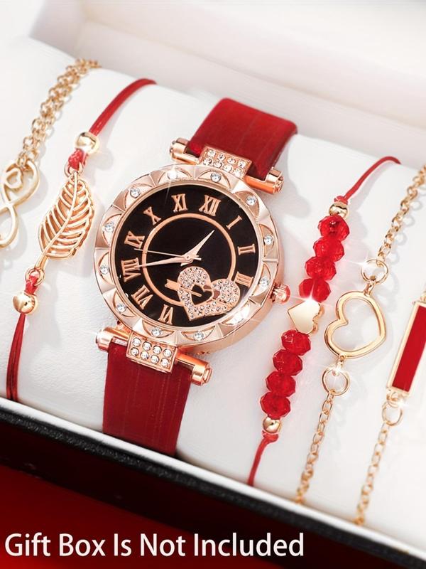 Women's Elegant Rhinestone Decorated Quartz Watch & Bracelet Set, Fashion Round Dial Analog Watch & Beaded Bracelet, Trendy Watch Set for Women As Gift