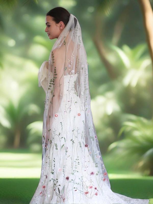 Floral Embroidered Contrast Mesh Veil, Flower Decor Long Veil for Wedding, Bridal Party, Formal Occasions, Fashion Accessories for Women & Girls