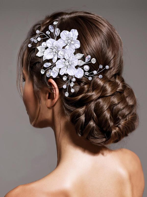 Elegant Faux Pearl & Flower Decorated Hair Comb, Rhinestone Decor Bridal Headwear for Wedding Bridal Party Formal Occasions, Fashion Hair Accessories for Women