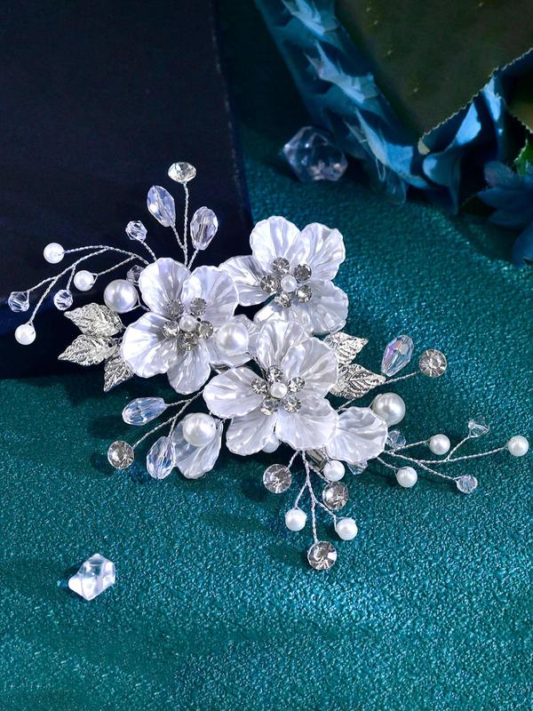 Elegant Faux Pearl & Flower Decorated Hair Comb, Rhinestone Decor Bridal Headwear for Wedding Bridal Party Formal Occasions, Fashion Hair Accessories for Women