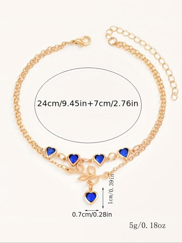 Fashion Layered Chain Anklet for Women & Girls, Rhinestone Leaf & Heart Charm Foot Jewelry for Party, Daily Clothing Decor, Trendy All-match & Exquisite Jewelry for Birthday Gift