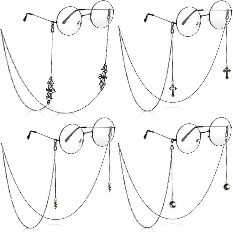 Glasses Chain for Women Kawaii Black Goth Bat Moon Pendant Eyeglass Strap Holder Halloween Lanyards Retainer (Black,4 Pieces)