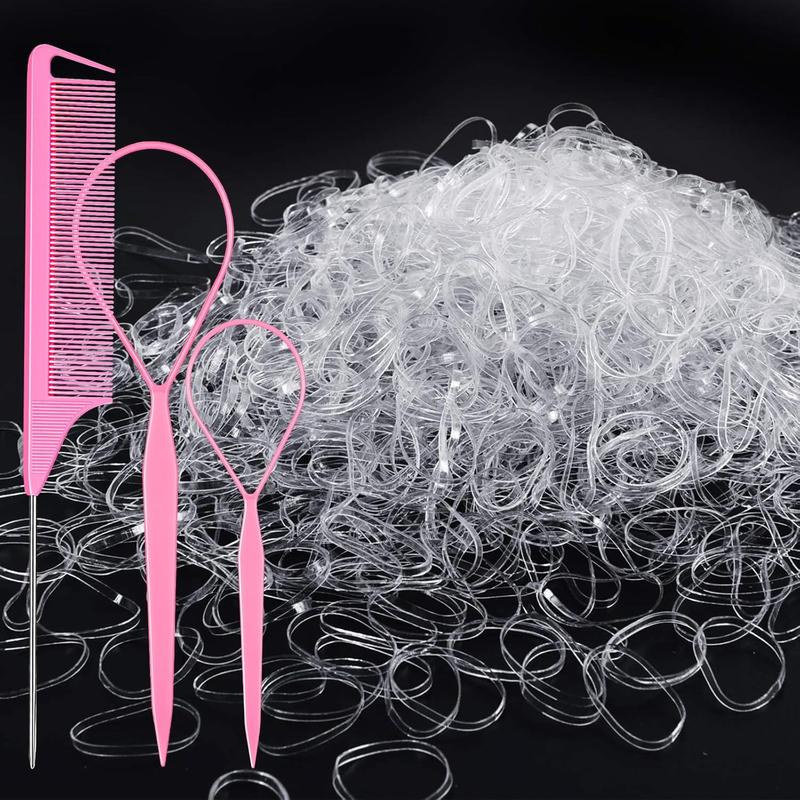 Clear Small Rubber Hair Ties Set with  Braid Tool and Rat Tail Comb, 1000 count Hair Elastics, Pink