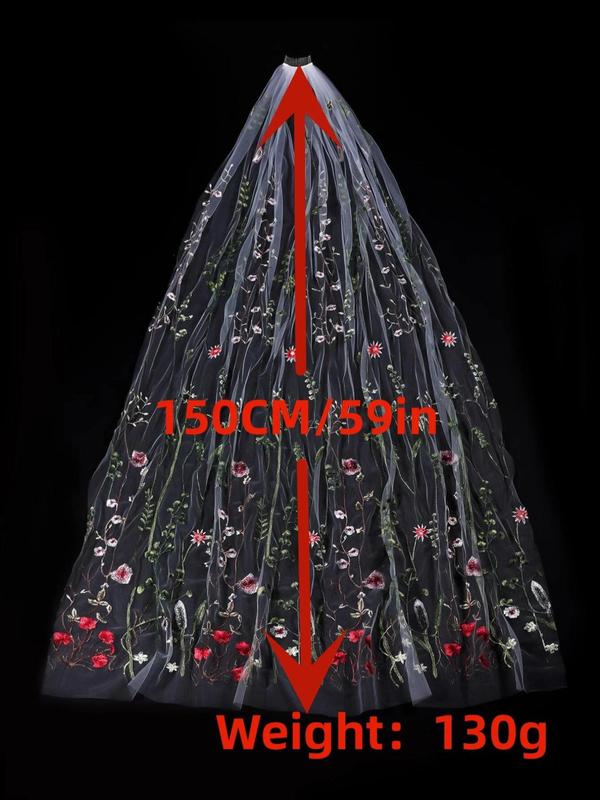 Floral Embroidered Contrast Mesh Veil, Flower Decor Long Veil for Wedding, Bridal Party, Formal Occasions, Fashion Accessories for Women & Girls