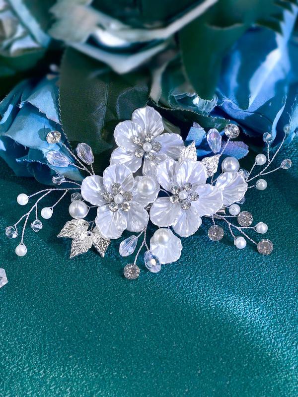 Elegant Faux Pearl & Flower Decorated Hair Comb, Rhinestone Decor Bridal Headwear for Wedding Bridal Party Formal Occasions, Fashion Hair Accessories for Women