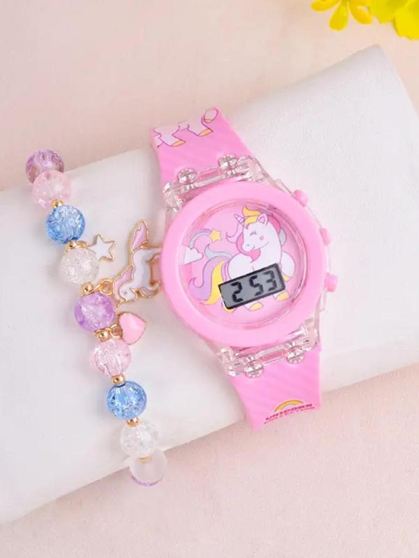 Cute Cartoon Unicorn Pattern Watch & Beaded Bracelet Set, Fashionable Electronic Watch Set for Women & Girls, Trendy All-match & Exquisite Watch Set for Birthday Gift