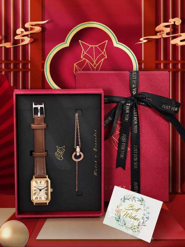 Women's Elegant Rhinestone Decorated Quartz Watch & Bracelet, 2024 New Style Exquisite Trendy Wristwatch & Adjustable Pendant Necklace, Gift for Women & Girls
