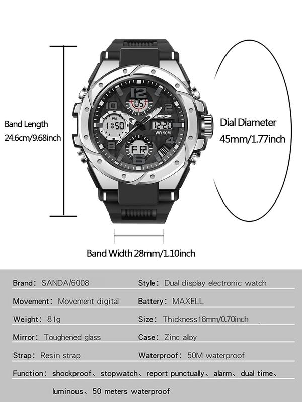 Men's Sportive Digital Watch, Fashionable Analog-digital Watch with Time & Alarm Feature, Waterproof Digital Watch with Silicone Strap for Men