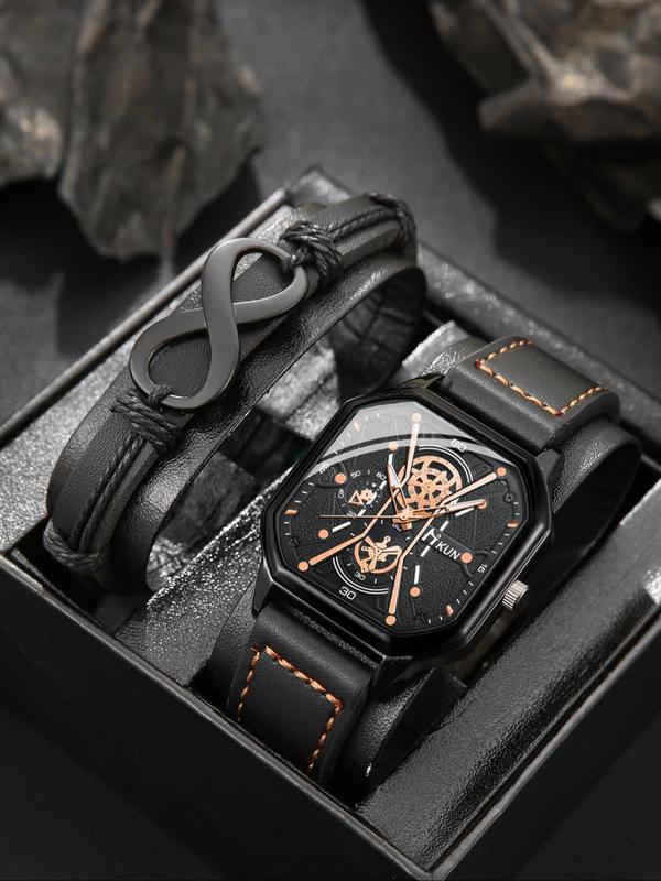 Men's Square Dial Quartz Watch & Infinity Symbol Decor Bracelet, Street Fashion Watch Set for Party, Daily Decor, Trendy All-match & Exquisite Watch Set for Birthday Gift