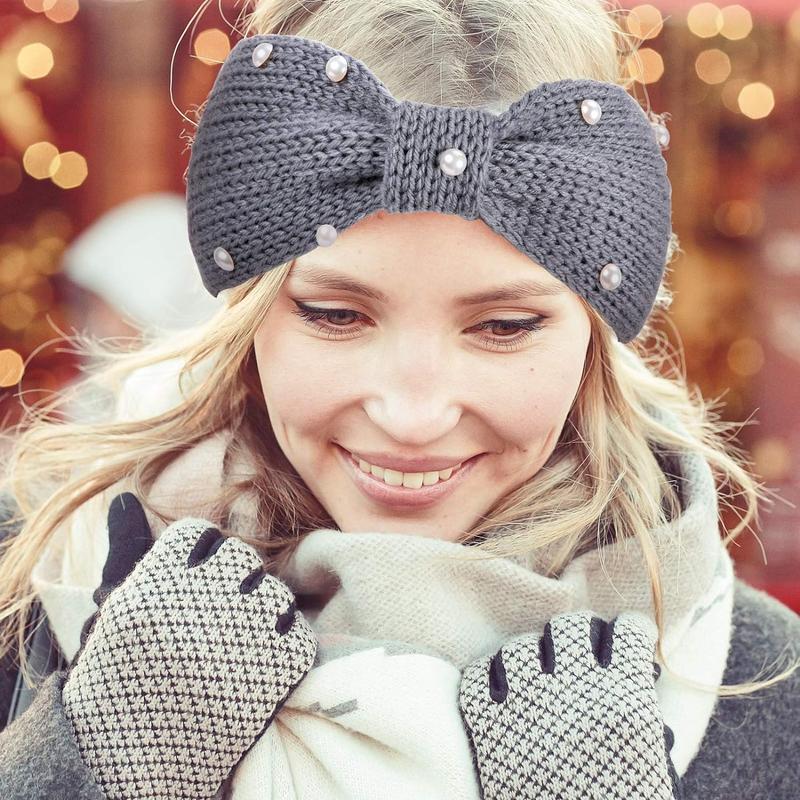 5 count Winter Knit Headbands Chunky Knit Headbands,4 Elastic Turban Head Wraps and 1 Crochet Hair Band, Ear Warmer Crochet Head Wraps for Women Girls (Pink & Gray Colors)