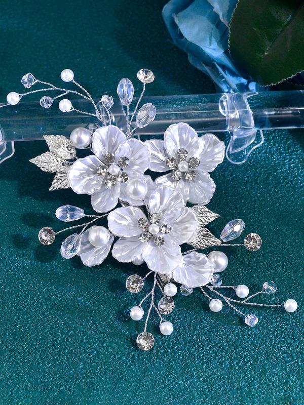 Elegant Faux Pearl & Flower Decorated Hair Comb, Rhinestone Decor Bridal Headwear for Wedding Bridal Party Formal Occasions, Fashion Hair Accessories for Women
