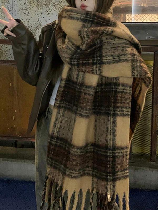 Women's Plaid Pattern Tassel Decor Scarf, Casual Soft Warm Thickened Shawl for Fall & Winter, Fashion Accessories for Women & Girls