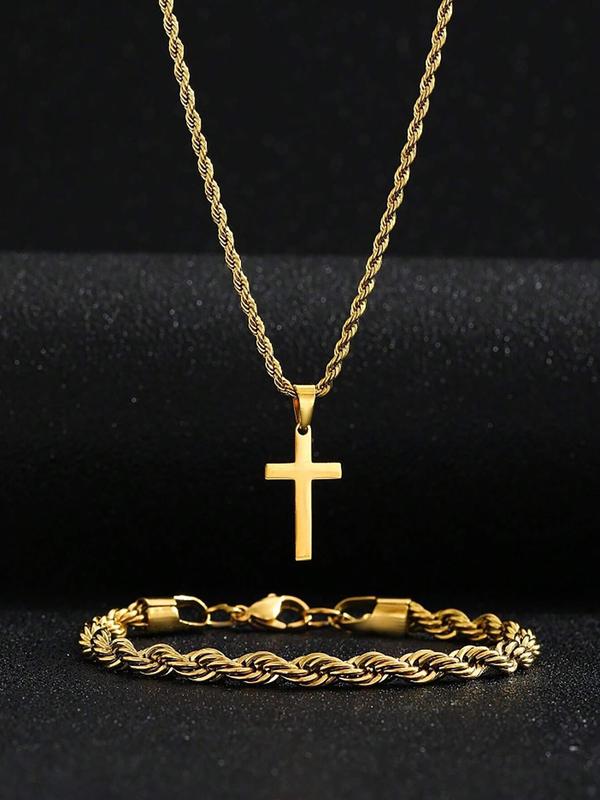 Men's Simple Plain Jewelry Set, Including Cross Pendant Necklace & Twist Decor Link Bracelet, Stainless Steel Jewelry Set, Fashion Accessories for Daily Wear