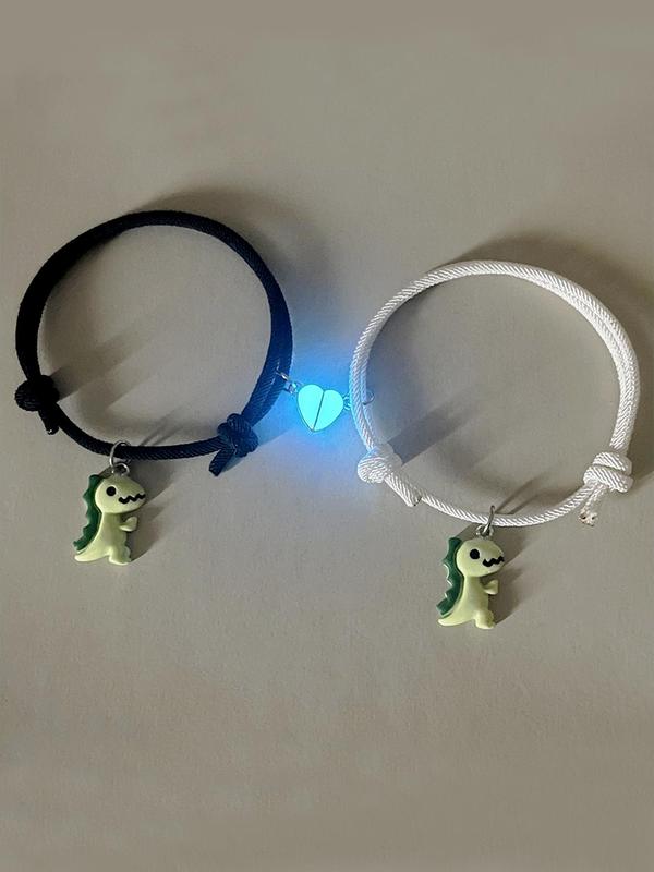 Cute Dinosaur & Magnetic Heart Design Bracelets, 2 Counts set Fashionable Couple Bracelets for Women & Men, Trendy All-match & Exquisite Jewelry for Gift
