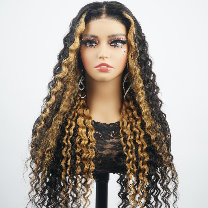 Amanda Hair Glueless Blonde Highlights on Lace 7x5 Closure Deep Curly Wave Wig - Clear Transparent Lace Front Closure Curly Human Hair Wig Long Curly Water Wave Wig