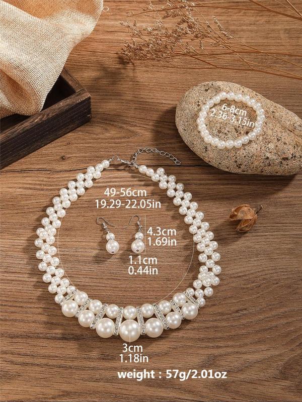 Faux Pearl Decorated Jewelry Set, Elegant Double Layer Necklace & Dangle Earrings & Bracelet for Party Decor, Trendy All-match & Exquisite Jewelry for Gift