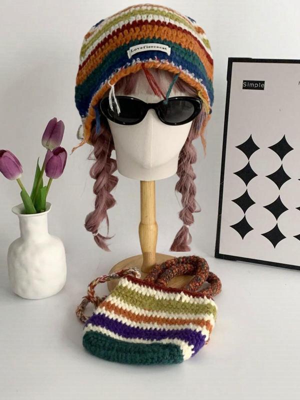 Striped Pattern Crochet Hat & Bag Set, Casual Knitted Beanie Hat & Bag, Warm Hat & Bag Set for Fall & Winter