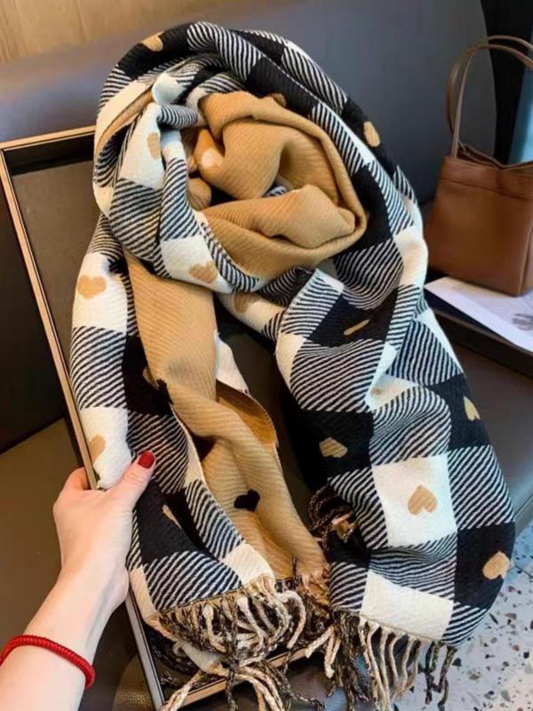 Plaid & Heart Pattern Tassel Design Scarf, Elegant Soft Warm Thick Shawl for Women & Men, Fashion Accessories for Fall & Winter
