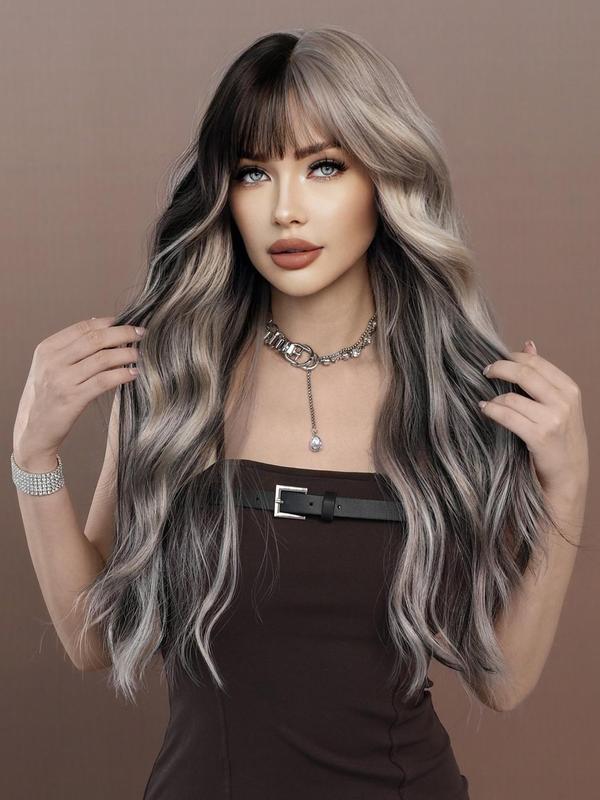 Summer 2024 Ombre Long Wavy Wigs for Women, Gorgeous Fluffy Wigs with Bangs, Synthetic Full Machine Wigs for Party Streetwear, Daily Use, Fall Outfits, Fall Freshness