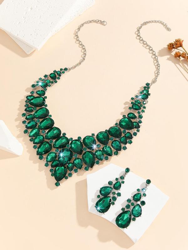 Women's Elegant Water Drop Shaped Artificial Crystal Decor Jewelry Set, Exquisite Trendy Pendant Necklace & Dangle Earrings, Chic Jewelry Set for Party Decor