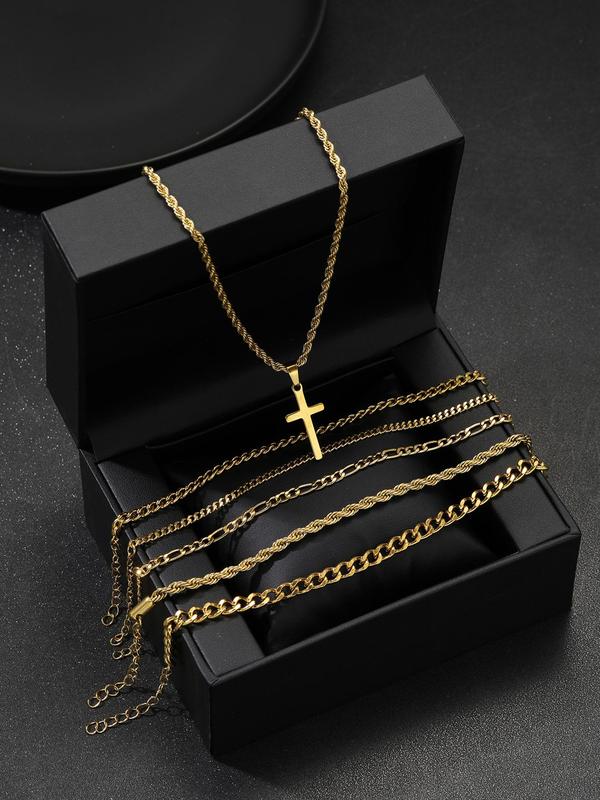 Men's Street Style Cross Pendant Necklace & Chain Bracelets, Casual Trendy Necklace & Bracelets, Fashionable Hip Hop Jewelry Set for Daily & Party Decor