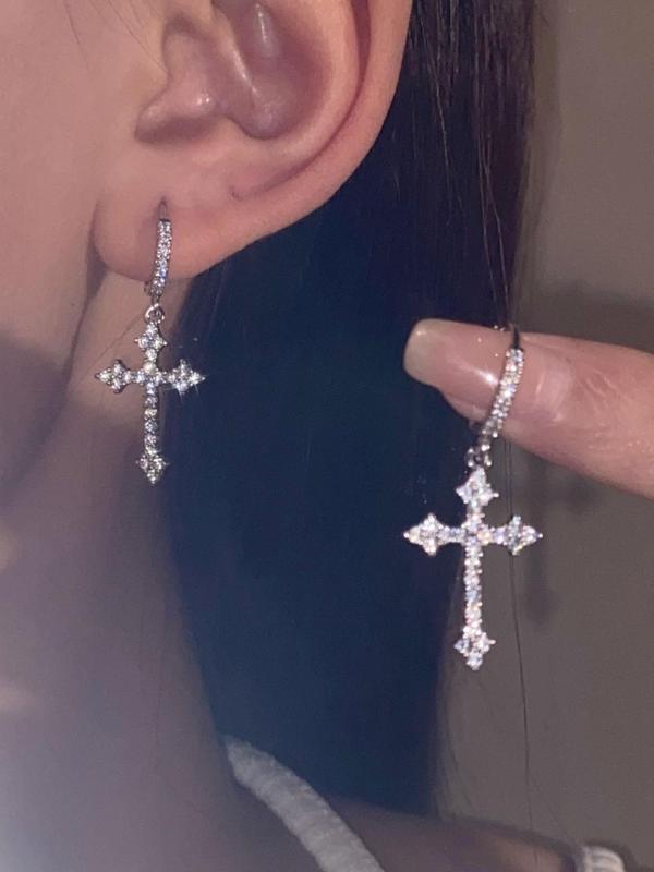 Women's Elegant Rhinestone Decor Cross Design Dangle Earrings, 1 Pair Trendy Glittering Dangle Earrings, Luxury Jewelry for Daily & Party Decor