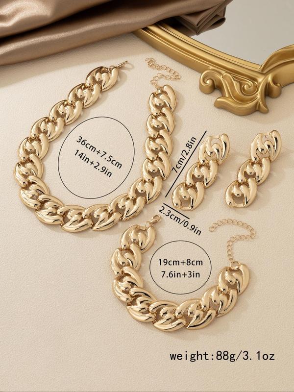 Women's Punk Style Cuban Chain Decor Jewelry Set Including Necklace & Bracelet & Earrings, Fashion Jewelry for Party, Daily Clothing Decor, Trendy All-match & Exquisite Jewelry for Birthday Gift