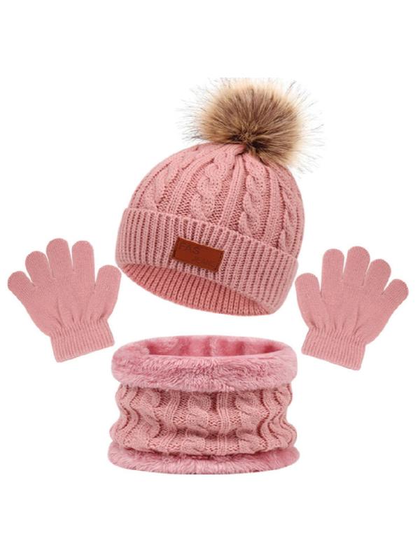 Cute Beanie Hat & Scarf & Gloves Set, Casual Contrast Faux Fur Label Patched Thickened Warm Hat & Scarf & Gloves for Fall & Winter, Fashion Accessories for Women & Men
