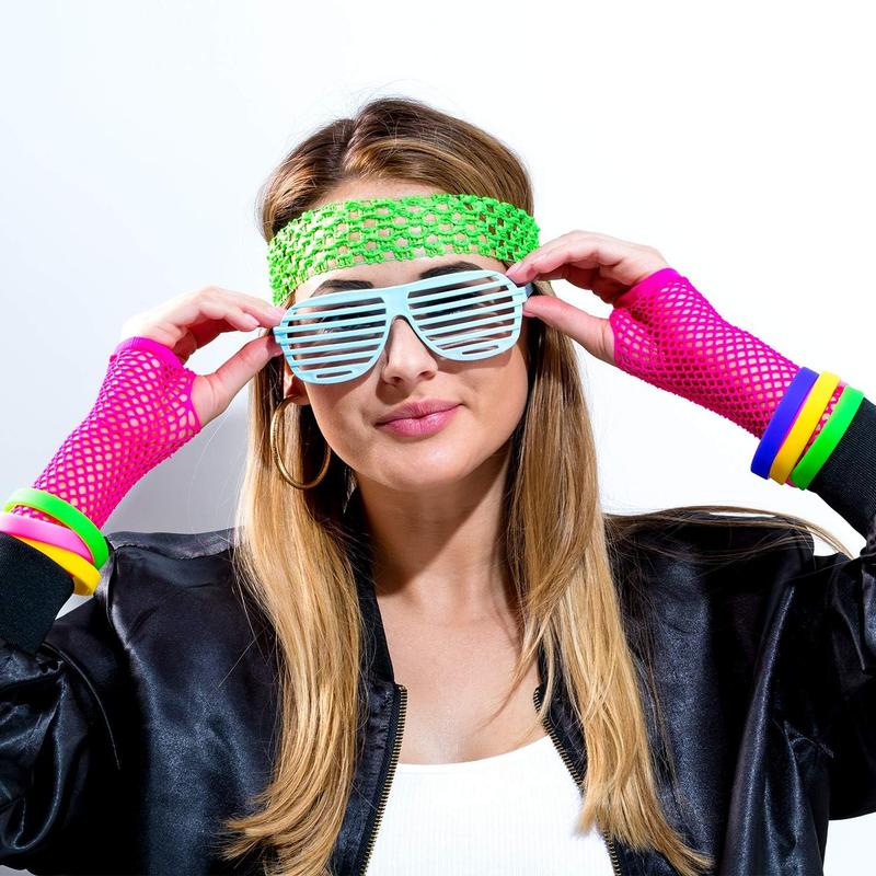 12 Pairs Fingerless Neon Fishnet Gloves for Women and Girls 80s Party Costume Accessories Supplies