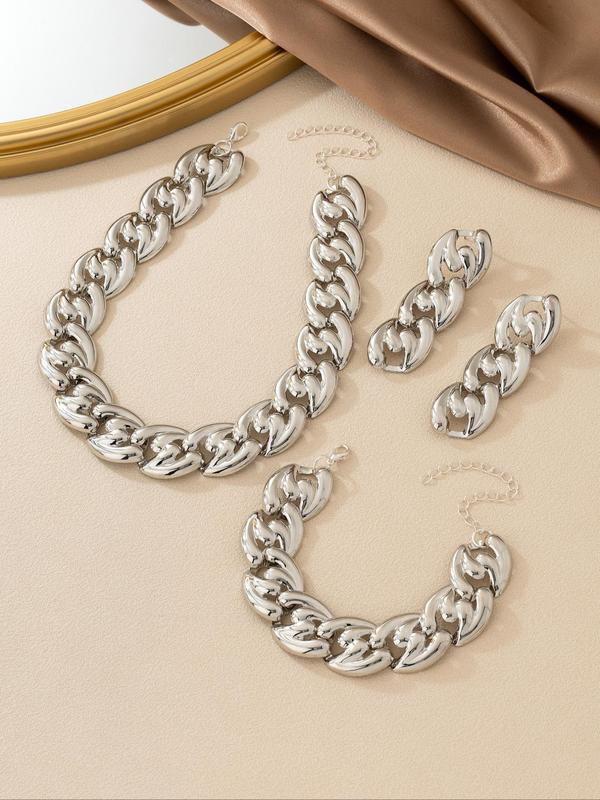 Women's Punk Style Cuban Chain Decor Jewelry Set Including Necklace & Bracelet & Earrings, Fashion Jewelry for Party, Daily Clothing Decor, Trendy All-match & Exquisite Jewelry for Birthday Gift