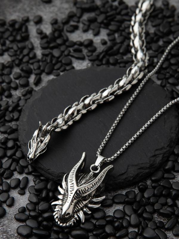 Men's Street Trend Dragon Design Pendant Necklace & Bracelet, Punk Style Jewelry Set, Fashion Accessories for Party & Daily Wear