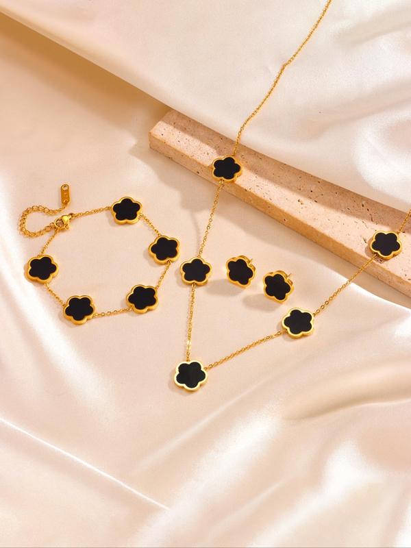 Flower Design Jewelry Set, Elegant Necklace & Bracelet & Stud Earrings, 2024 New Style Fashion Jewelry Accessories for Women As Gift Dainty Gift for Your Love