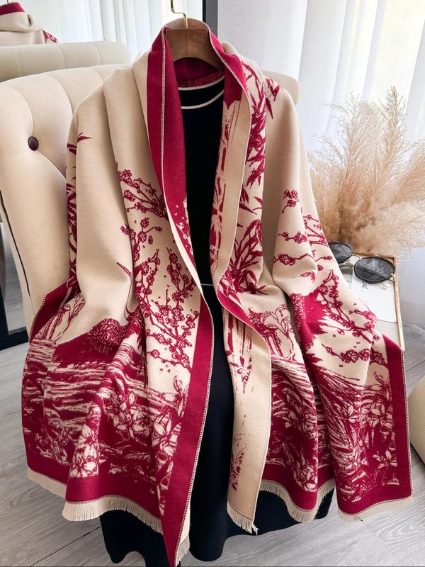 Leaf & Crane Print Double Sided Scarf, Casual Soft Warm Shawl for Women & Men, Fashion Accessories for Daily Wear