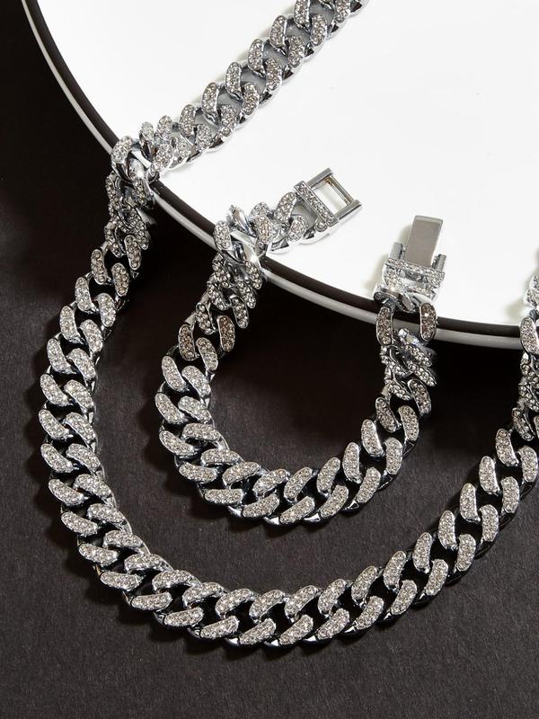 Punk Hip Hop Amazing Jewelry Set for Party, Luxury Jewelry, Rhinestone Cuban Necklace & Matching Link Bracelet for Men & Women, Daily Clothing Decor for Girl & Boys, Bling Necklace, Iced Out Jewelry Set