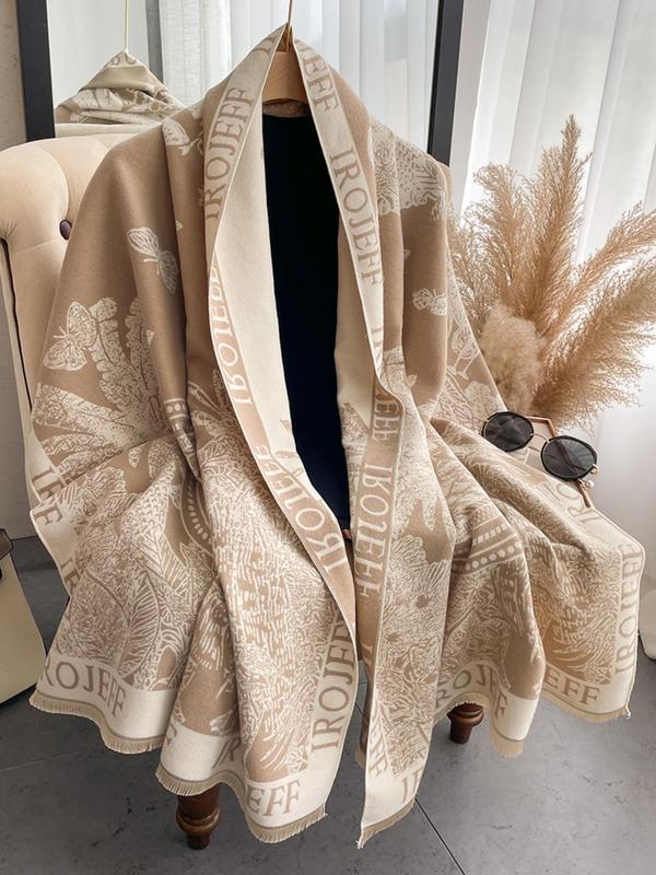 Boho Style Butterfly & Plants & Floral & Letter Print Scarf, Casual Soft Comfortable Shawl for Fall & Winter, Fashion Accessories for Both Men & Women