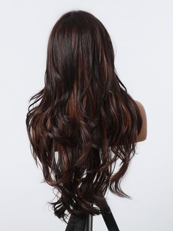 26 Inch Brown Highlight Long Wavy Wigs for Women, Gorgeous Fluffy Wigs without Bangs, Synthetic Full Machine Wigs for Party, Daily Use