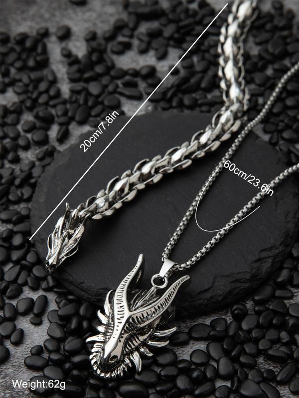 Men's Street Trend Dragon Design Pendant Necklace & Bracelet, Punk Style Jewelry Set, Fashion Accessories for Party & Daily Wear