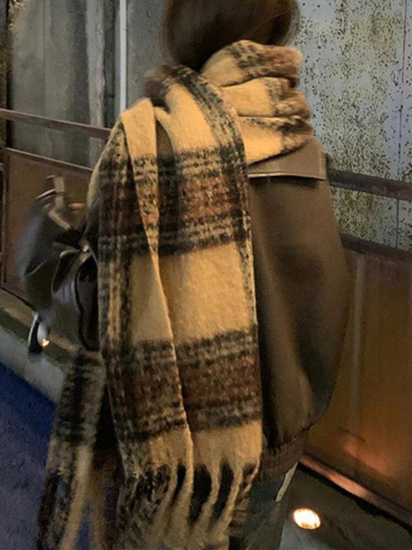 Women's Plaid Pattern Tassel Decor Scarf, Casual Soft Warm Thickened Shawl for Fall & Winter, Fashion Accessories for Women & Girls
