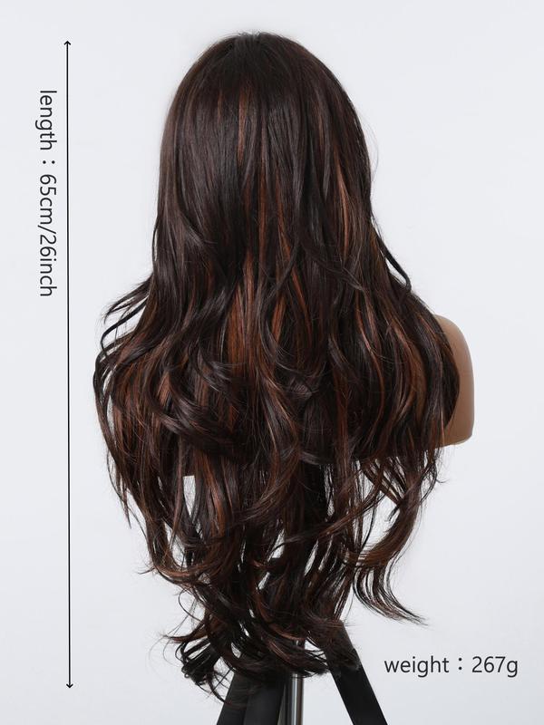 26 Inch Brown Highlight Long Wavy Wigs for Women, Gorgeous Fluffy Wigs without Bangs, Synthetic Full Machine Wigs for Party, Daily Use